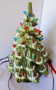 Albero di Natale in ceramica vintage illuminato floccato 16" 2 pezzi tutte le luci funzionano! - Foto 1 di 10