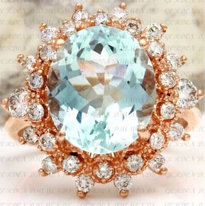 8.50ct Oval Cut Natural Aquamarine & Diamond Wedding Ring 18K Rose Gold Plated - Picture 1 of 21