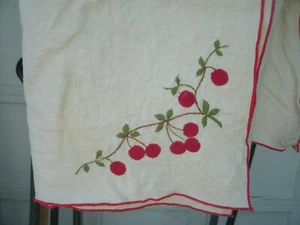 Vtg Tablecloth-White w Red Embroidered Cherry Design--39 x 38" - Picture 1 of 2