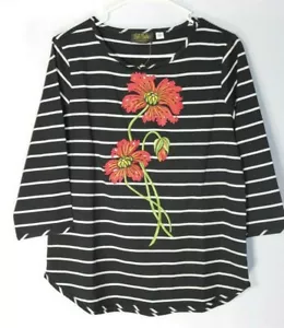 Bob Mackie womens 3/4 sleeve black/white striped blouse w/ floral embroidery (S) - Picture 1 of 9