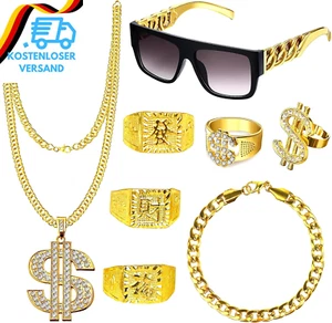 Goenb 8 Stück Zuhälter Kostüm, 80Er 90Er Jahre Outfit Herren Hip Hop Kostüm Gold - Bild 1 von 12