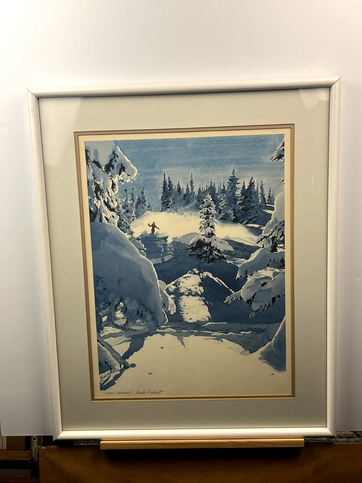 Raro, Linda Roberts, 1985 Esqui "Winter Splendor" Impressão Assinada, Emoldurada e Fosco - Imagem 1 de 4