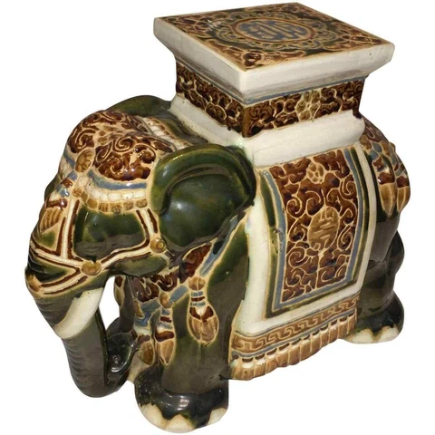 1950s Glazed Ceramic Elephant Garden Stool, Flower Pot Stand, Side Table Accent Cover