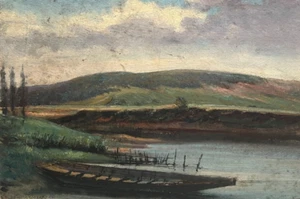 Antikes Ölgemälde Landschaft, Boot, Bäume, See, Natur 19. Jahrhundert - Bild 1 von 8