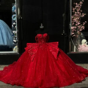 Glitter Red Quinceanera Dresses Off Shoulder Applique Backless Sweet 15 16 Dress - Picture 1 of 5