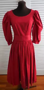 Vintage 1980 90's Red Laura Ashley Tea Dress Puff Sleeve Tie Back Size 10 UK 12 - Picture 1 of 10