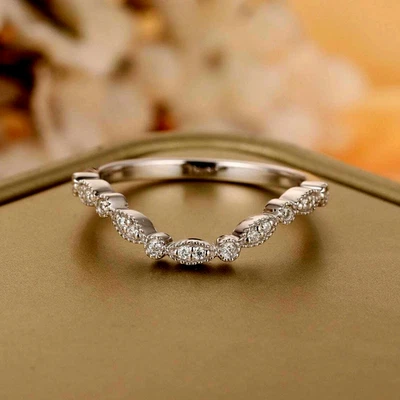 Half Eternity Curved Minimalist Wedding Band Moissanite 10K Solid White Gold 1Ct - Image 1 of 4