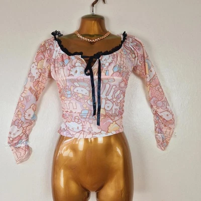 Sanrio Y2K  8 Hello Kitty Pink Sheer Mesh Long Sleeve Crop Top Black Lace Trim - Image 1 of 4