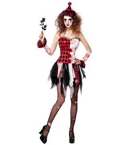 Horror Harlekin Mädchen Kleid Armbänder Minihut Gr. XL Halloween Kostüm Grusel - Bild 1 von 1