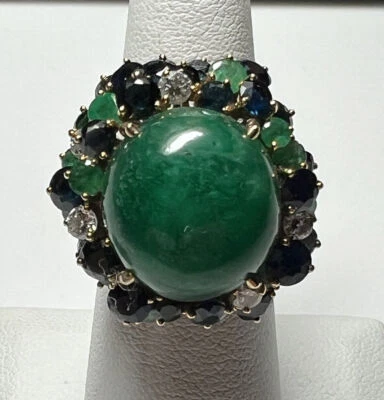 ANILLO RETRO GRANDE CABUJÓN ESMERALDA ENORME ORO 14K ZAFIRO AZUL DIAMANTE RACIMO Foto 1 de 4