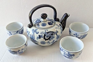 Pier 1 Cobalt Blue and White Paisley Asian Tea Service Set Teapot and 4 Cups - Picture 1 of 10