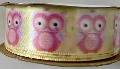 Berwick Offray Pink Owls on Yellow Trim Ribbon 7/8" x 9' - New - Image 1 of 4