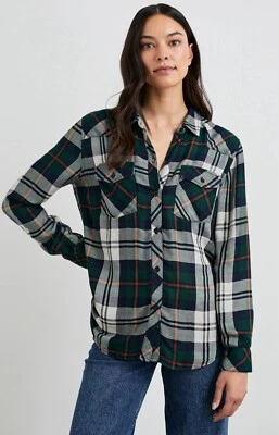 Rails Kendra Flannel Top Shirt Womens XS Green Navy Blue Plaid Long Sleeve $178 - Image 1 of 4