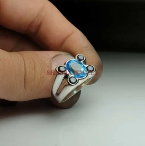 Naturale Topazio Blu & Onice Gemma Con 925 Anello Argento Sterling per Uomo #650 - Foto 1 di 7