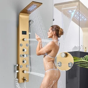 Gold Shower Panel Tower Rainfall&Waterfall Massage Faucet System Stainless Steel - Picture 1 of 14