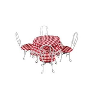 Dollhouse Miniature Wire Metal Table & 4 Chairs Gingham Bistro Ice Cream Parlor - Picture 1 of 14