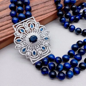 3 Strands Blue Tiger Eye Chunk Coller Choker Necklace Big Cz Pendant Jewelry - Picture 1 of 6