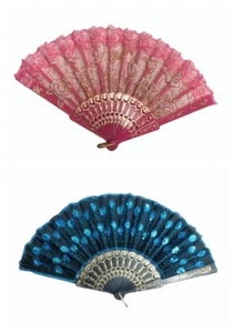 2 Pcs. Ladies Pink & Blue Peacock Pattern Sequin Fabric Hand Fan 13042 - Picture 1 of 7