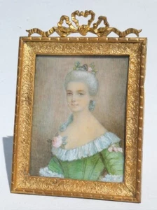 Antique Watercolor Miniature Painting Portrait Young Woman 19th Bronze Frame - Picture 1 of 4