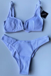 Zaful White Ribbed Padded Wired Bikini Size UK 12 / L Swimwear Set BNWT - Picture 1 of 11