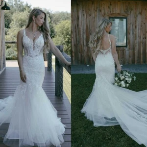 Brautkleid Hochzeitskleid Mermaid & Trompete V-Ausschnitt Weiß Ivory 38 40 42 44 - Bild 1 von 13