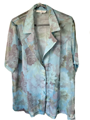 Womens Vintage Top Sz L (18) Sheer Blue Floral Shirt Blouse Cottagecore 80’s - Image 1 of 4