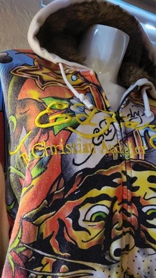 RARE 2XL Ed Hardy Christian Audigier Fur Jacket Hollywood Edition Y2K Zip Hoodie - Image 1 of 4