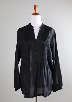 JOHNNY WAS Pete & Greta $195 Shaki Solid Black 100% Silk Pleat Shirt Top Size XS - image 1 of 4