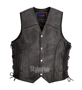 Men's Genuine Leather Classic Biker Vest Club Style w/ Side Laces - Picture 1 of 6