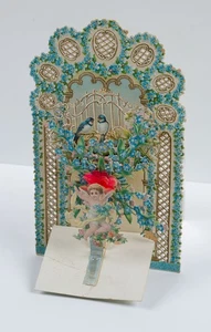 Grußkarte mit Vögeln u. Engeln, um 1900, Glückwunschbillet Unbekannt (19.Jhd) - Picture 1 of 4