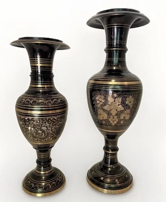 Vtg Indian Black & Gold Brass Vases - Hand Etched Peacock & Floral, 16.5” & 14" - Image 1 of 4