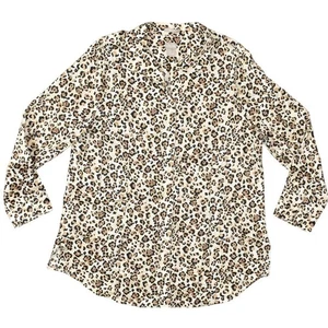 Chico's Women's Size 3 Regular Brown Cheetah No Iron Button-Up Cotton Blend Top - Picture 1 of 6