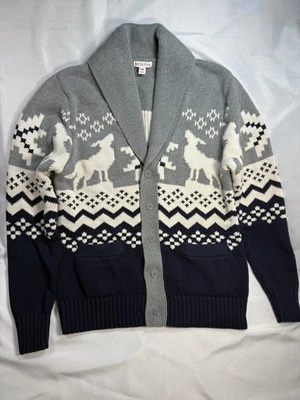 Merona Sweater Men’s Navy Blue Gray Howling Wolves Grandpacore Knit Cardigan Med - Image 1 of 4