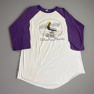T-shirt vintage 1981 Cedar Key Florida pellicano bianco viola raglan manica 3/4 L - Foto 1 di 8