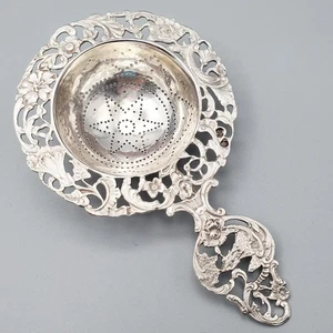Antique Solid Silver Tea Strainer Rococo Flowers Eagle German ? - Picture 1 of 6
