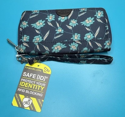 NEW w/Tags Travelon Safe ID RFID Blue Floral Wristlet Accordion Zipper Wallet - Imagem 1 de 4