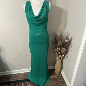 MANGO Suit Women Gown Dress Maxi Green Cowl Neck Sleeveless Lined Brooch Sz S - Picture 1 of 12