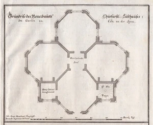Berlino Churfürstliches Lusthaus vecchia Colonia piano architettura Merian incisione su rame - Foto 1 di 1