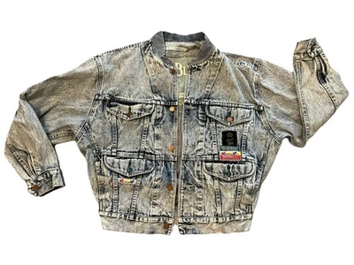 VTG 80s Motorcycle Jacket Denim Jean CODE BLEU blue Acid Wash Distressed Logo - Image 1 of 4