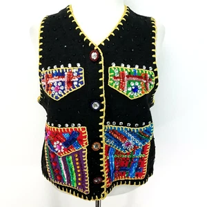 Vtg 90s MICHAEL SIMON 1995 Black Sweater Vest Jewels Beaded Sequins Women's M * - Picture 1 of 8