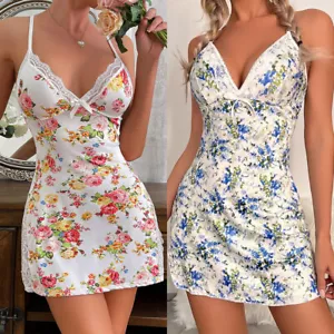 Women Lingerie Sexy Babydoll Faux Satin Lace Dress Side Split Chemise Sleepdress - Picture 1 of 21
