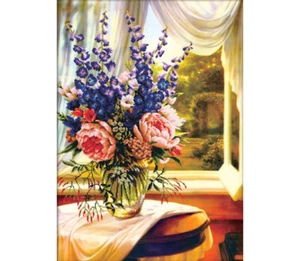 NEEDLE ART WORLD NO COUNT CROSS STITCH ON WHITE floral vase window 59 x 83cm - Foto 1 di 1