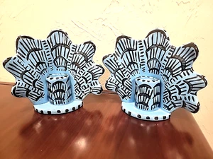 Lucie de Moyencourt Blue & Black Glazed Stoneware Shell Candle Holders - Picture 1 of 6