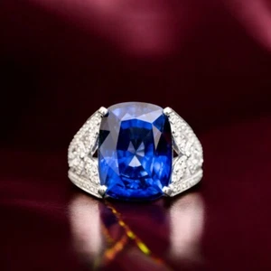 Alianza de oro de 14 quilates con diamantes reales de 18,00 quilates corte cojín zafiro azul cultivado en laboratorio - Imagen 1 de 11