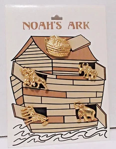 Vintage NOAHS ARK PIN SET Five Pins Unused on Card Gold Toned Elephants Bears - Picture 1 of 5