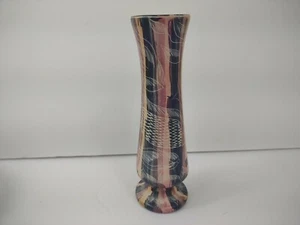 vintage hand made thrown Stone Bud Vase painted etched fish pink blue tropical - Picture 1 of 7
