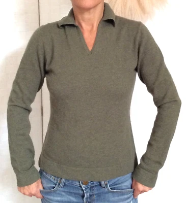 Geneva Pure 100% Cashmere Army Green V-neck Collared Pullover Sweater Size S FXO - Image 1 of 4