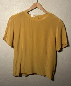 Vintage Jones New York SILK Mustard Short Sleeve Blouse Size 12 Button Back - Picture 1 of 8