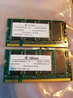 Módulos de memoria para computadora portátil Infineon 512MB SODIMM DDR PC2100 266mhz (2X256MB) Foto 1 de 2