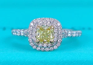 Tiffany Soleste Platinum 18k Gold Fancy Intense Yellow Diamond Double Halo Ring - Picture 1 of 13